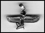 Kneeling Isis pendant with wings straight out, flat with arm.
